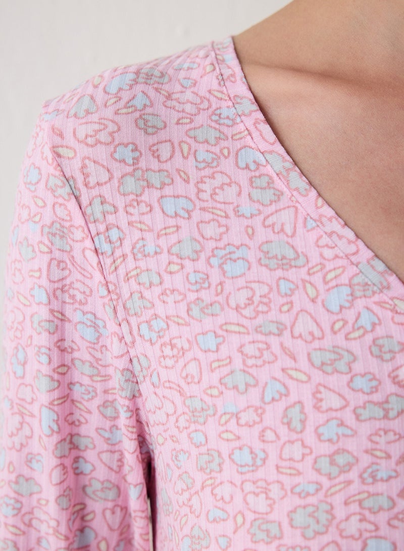 بنتي قميص نوم طويل بأكمام طويلة بنقش زهري - Image 4